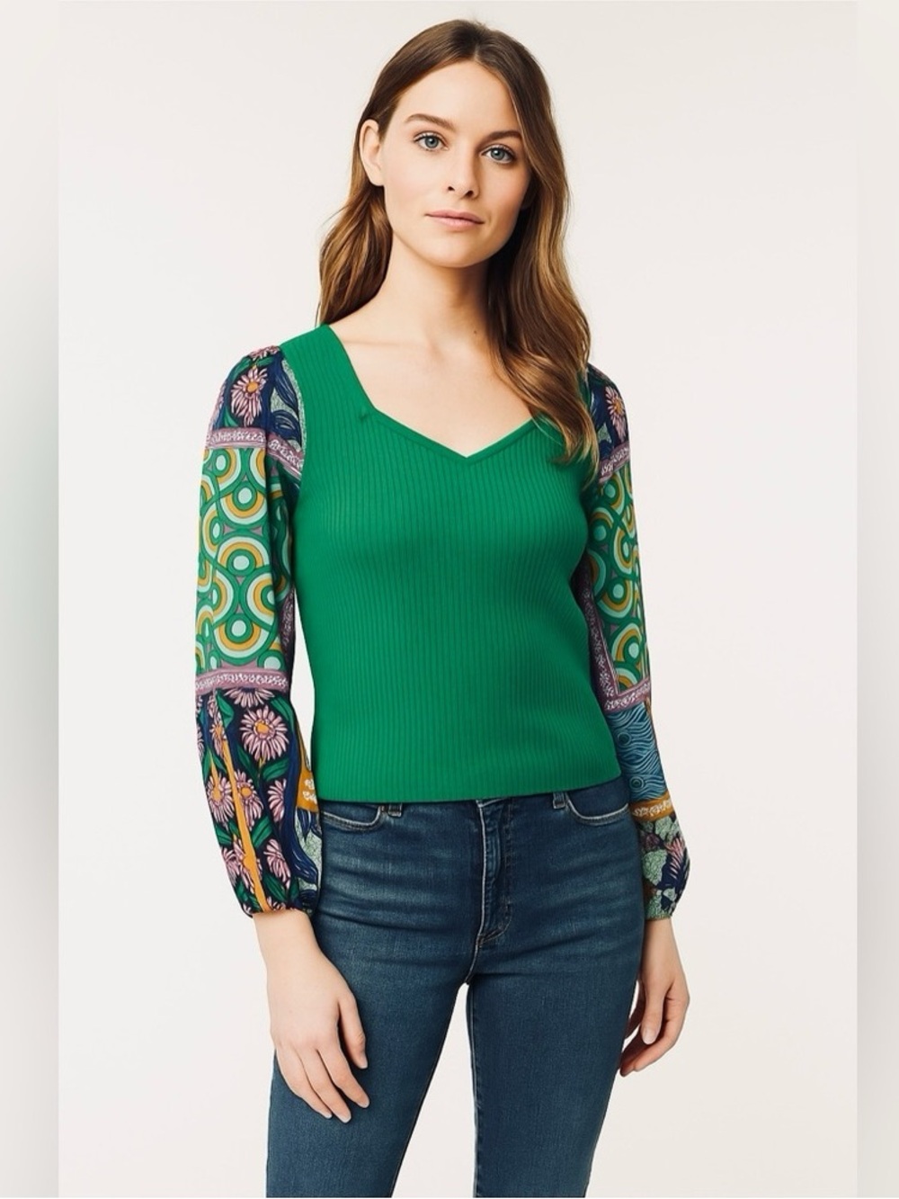 Bailey 44 Green Knit Top with Silky Patchwork Sleeves Boho Chic Coquette